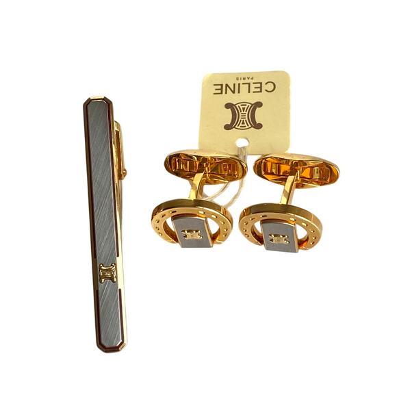 Authentic Celine Paris Gold & Silver-Tone Men’s Cufflinks and Tie Clip Set - Picture 3 of 7